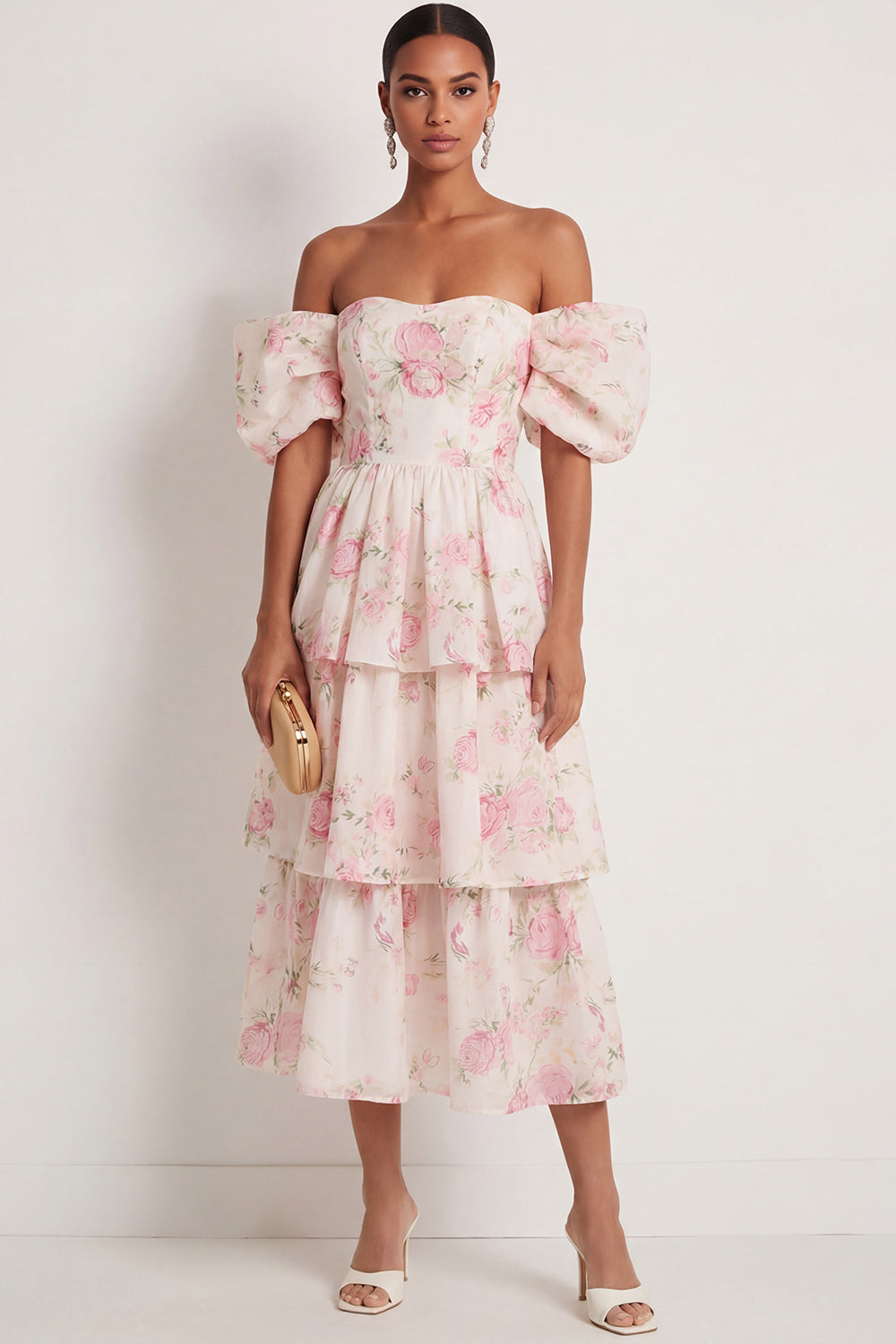 Leely Women White Pink Floral Tiered Ruffled A Line Maxi Wedding Guest Dress Off the Shoulder Backless Sleeveless Formal Dress