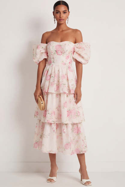 Leely Women White Pink Floral Tiered Ruffled A Line Maxi Wedding Guest Dress Off the Shoulder Backless Sleeveless Formal Dress