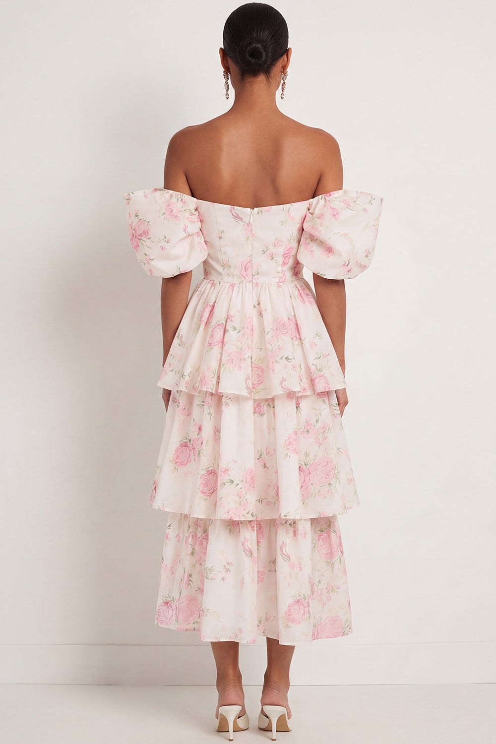 White Pink Floral Tiered Ruffled A Line Maxi Wedding Guest Dress