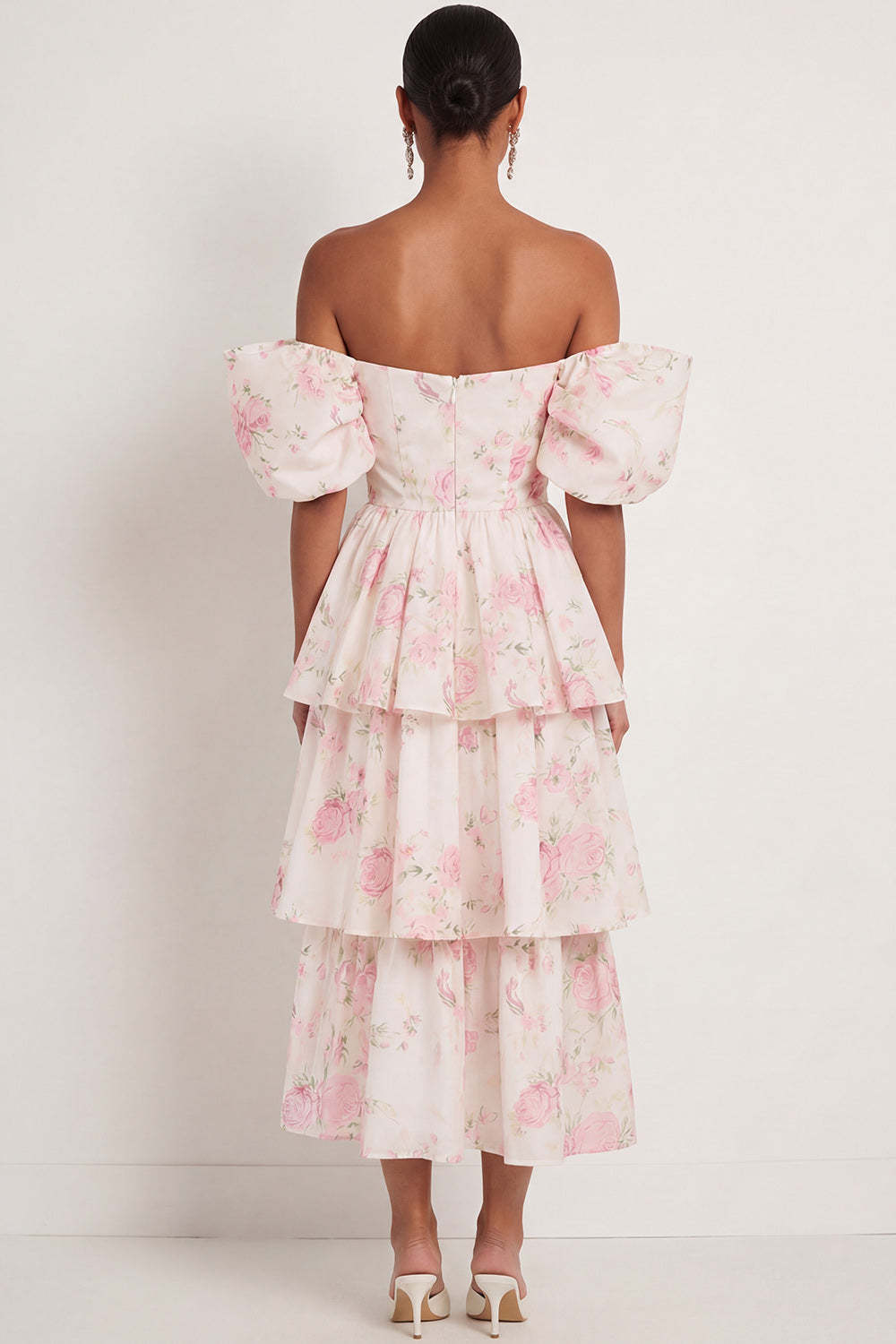 White Pink Floral Tiered Ruffled A Line Maxi Wedding Guest Dress