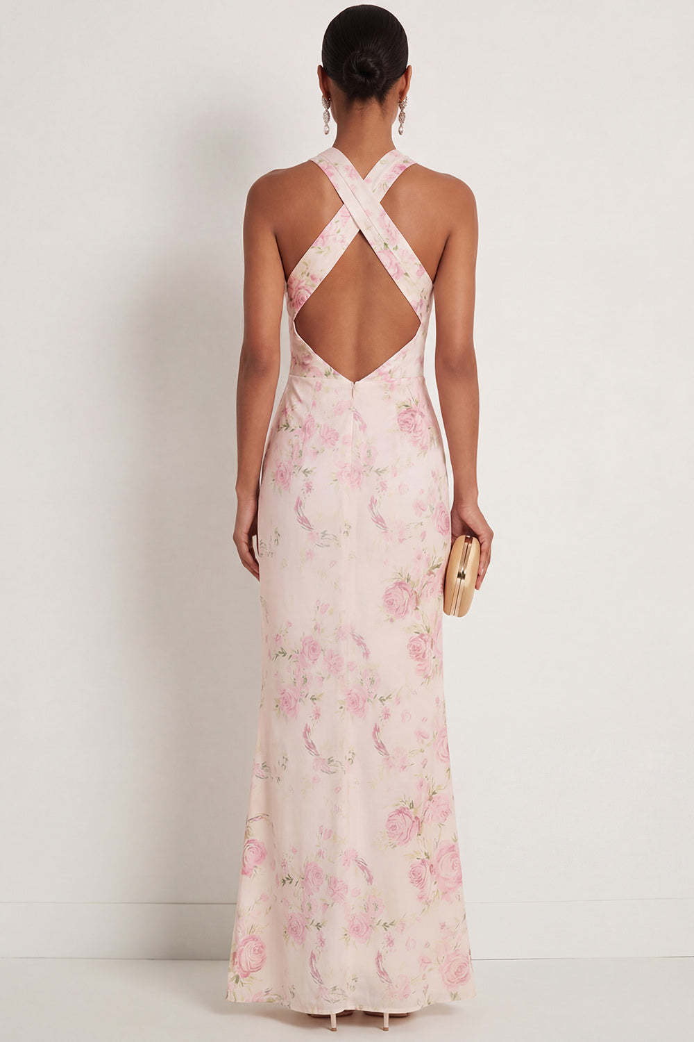 White Pink Floral Mermaid Halter Neck Maxi Wedding Guest Dress