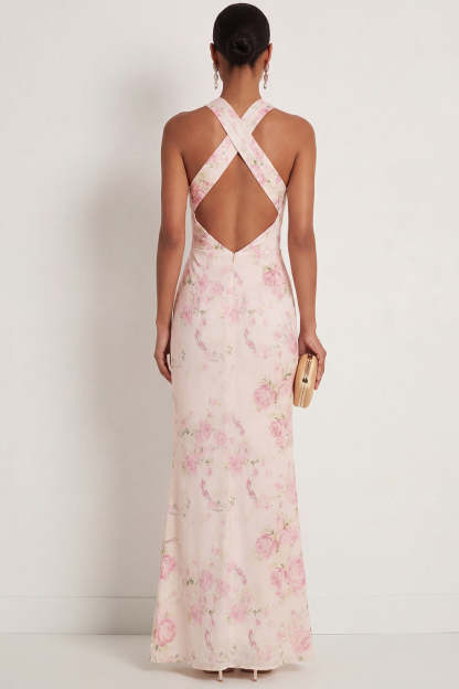 White Pink Floral Mermaid Halter Neck Maxi Wedding Guest Dress