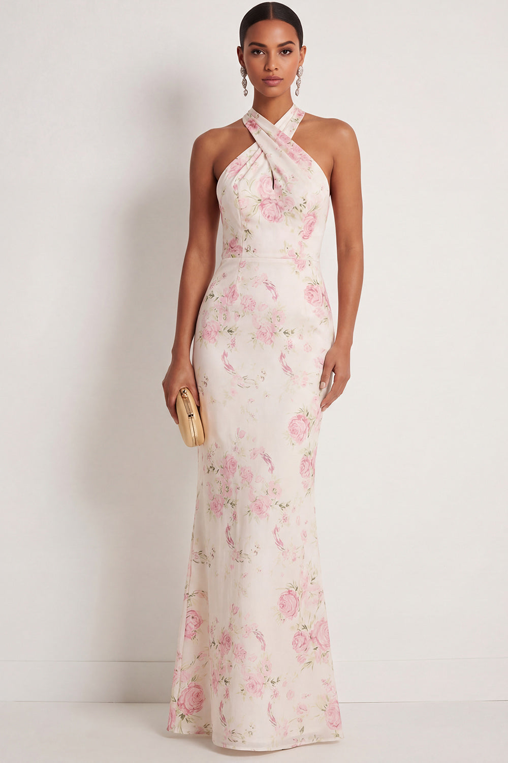 Leely Women White Pink Floral Mermaid Maxi Wedding Guest Dress Halter Neck Backless Sleeveless Formal Dress