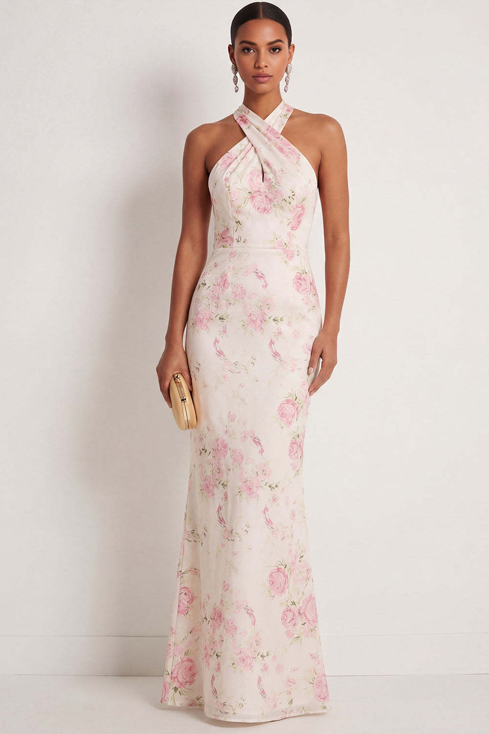 Leely Women White Pink Floral Mermaid Maxi Wedding Guest Dress Halter Neck Backless Sleeveless Formal Dress