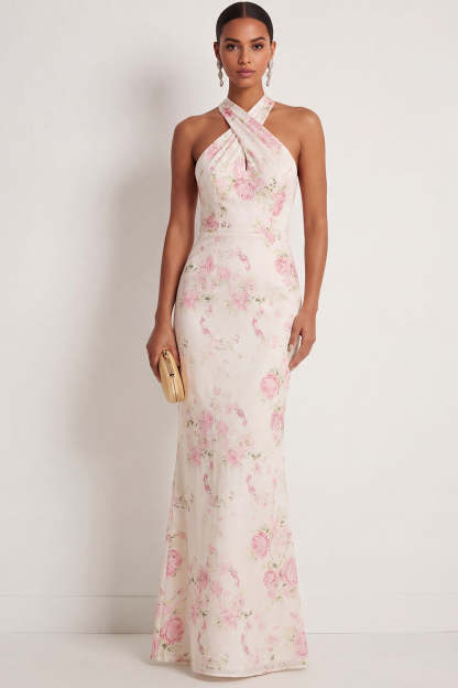 Leely Women White Pink Floral Mermaid Maxi Wedding Guest Dress Halter Neck Backless Sleeveless Formal Dress