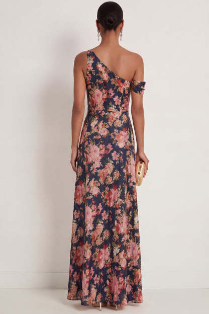 Black Pink Floral One Shoulder Maxi Wedding Guest Dress