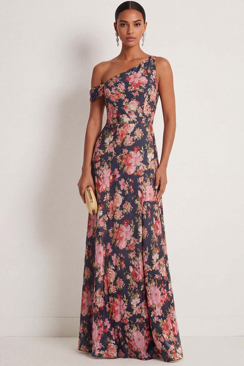 Leely Women Black Pink Floral Maxi Wedding Guest Dress One Shoulder A Line Sleeveless Backless Formal Dress