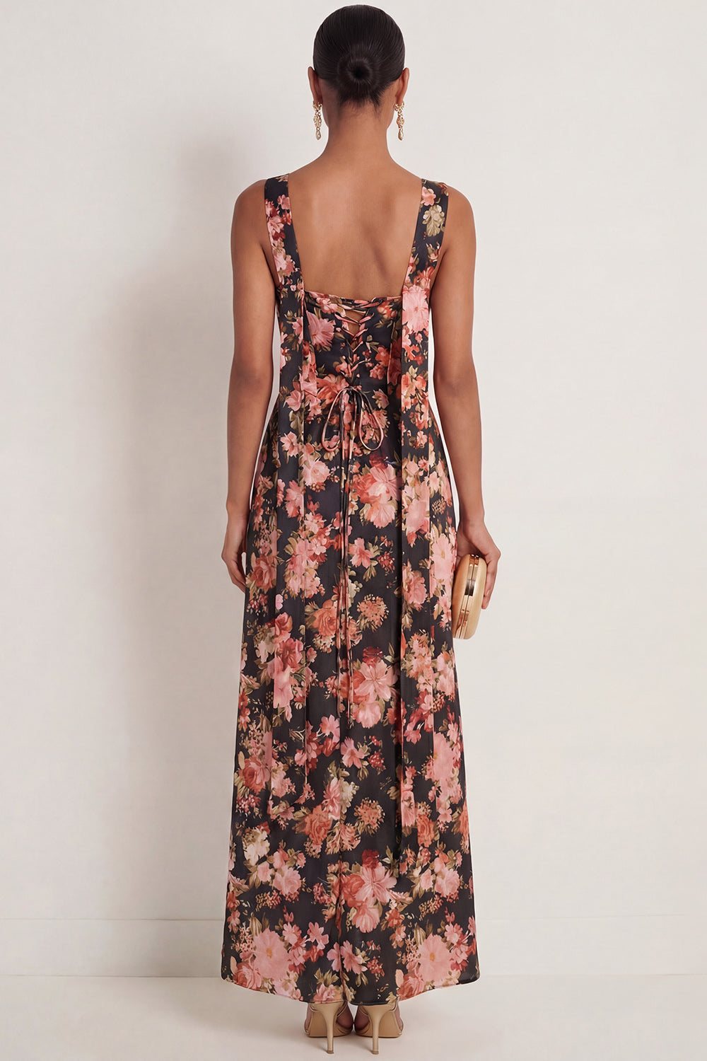 Black Pink Floral Mermaid Strapless Backless Maxi Wedding Guest Dress
