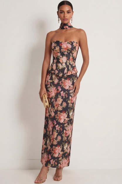 Leely Women Black Pink Floral Mermaid Maxi Wedding Guest Dress with Neck Scarf Strapless Backless Sleeveless Formal Dress