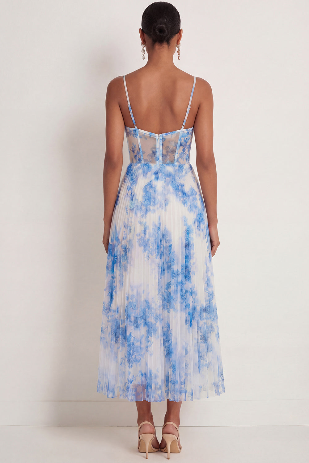 White Blue Floral A Line Spaghetti Straps Corset Long Wedding Guest Dress