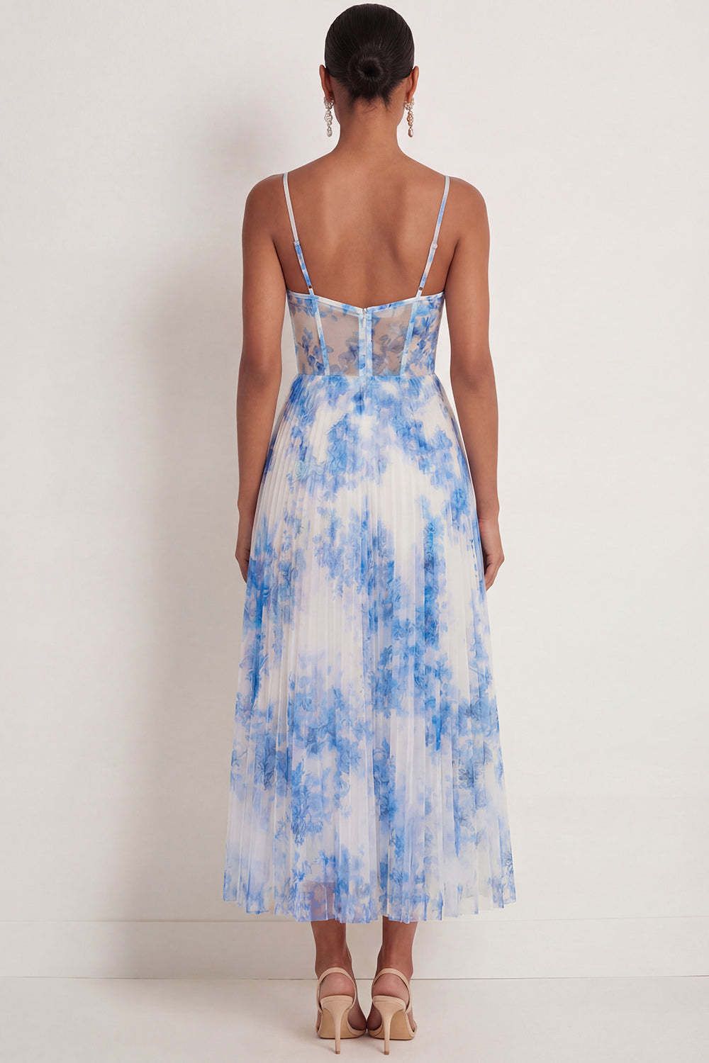 White Blue Floral A Line Spaghetti Straps Corset Long Wedding Guest Dress