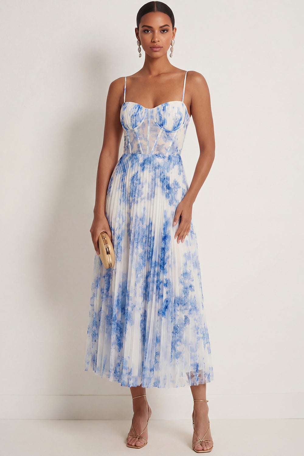 White Blue Floral A Line Spaghetti Straps Corset Long Wedding Guest Dress