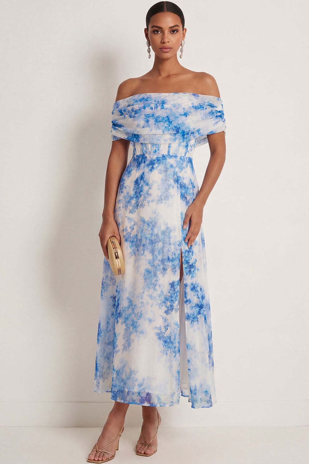 Leely Women White Blue Floral A Line Long Wedding Guest Dress With Slit Draped Off the Shoulder Backless Prom Dress