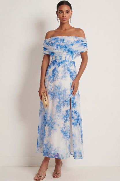 Leely Women White Blue Floral A Line Long Wedding Guest Dress With Slit Draped Off the Shoulder Backless Prom Dress