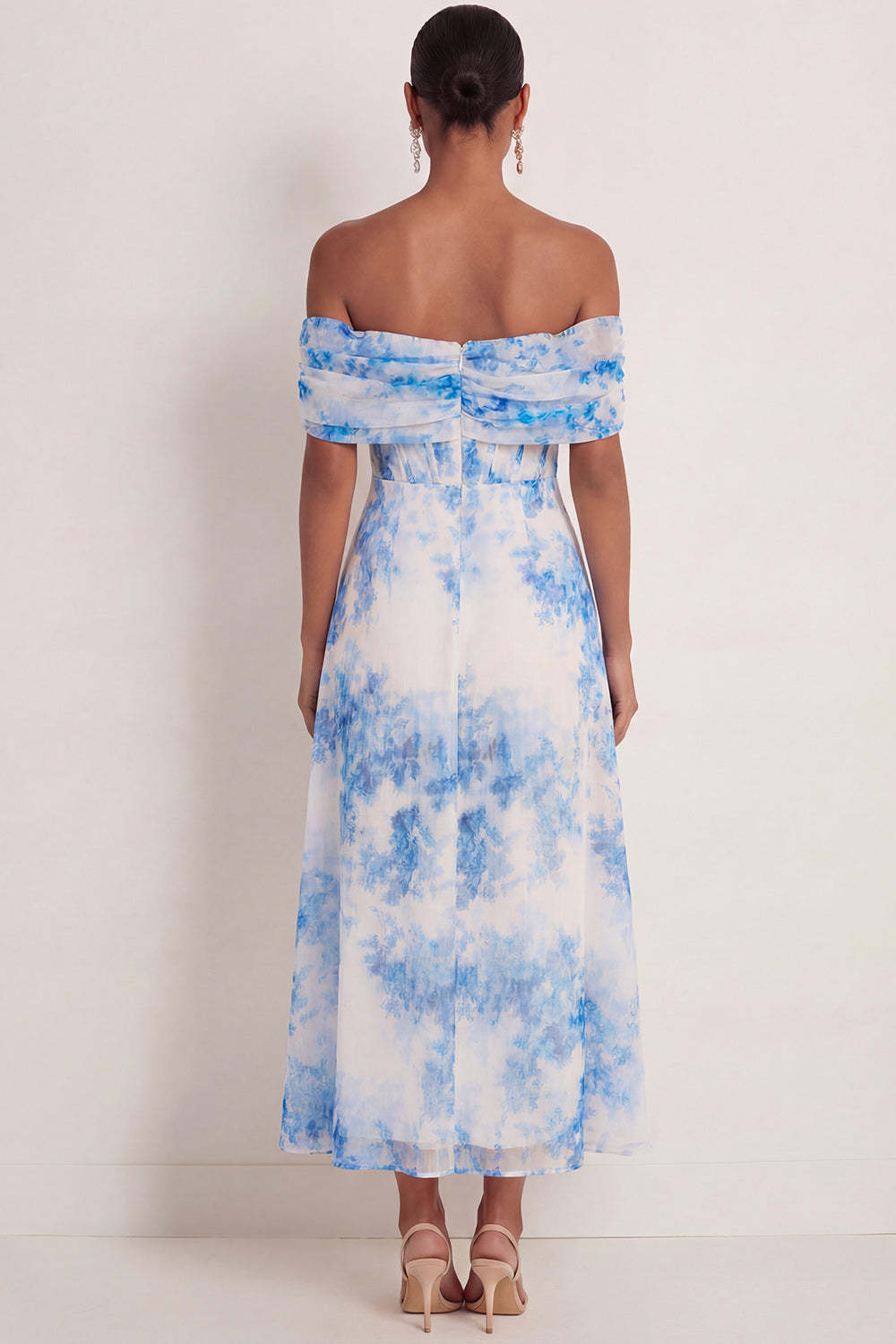 White Blue Floral A Line Off the Shoulder Long Wedding Guest Dress With Slit