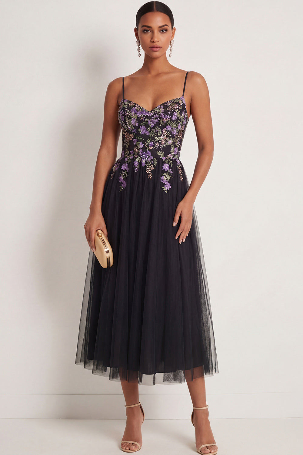 Black Floral Spaghetti Straps Appliqued A Line Maxi Wedding Guest Dress