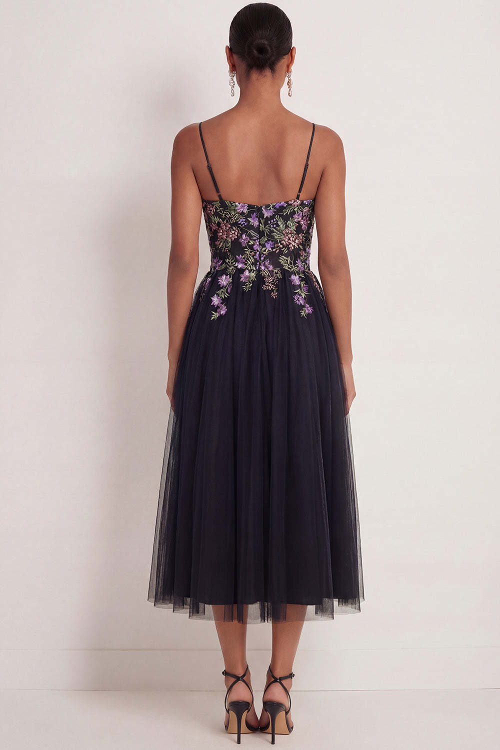 Black Floral Spaghetti Straps Appliqued A Line Maxi Wedding Guest Dress