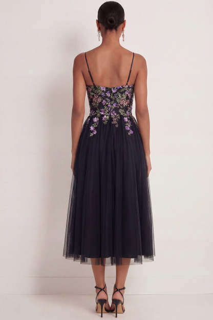 Black Floral Spaghetti Straps Appliqued A Line Maxi Wedding Guest Dress