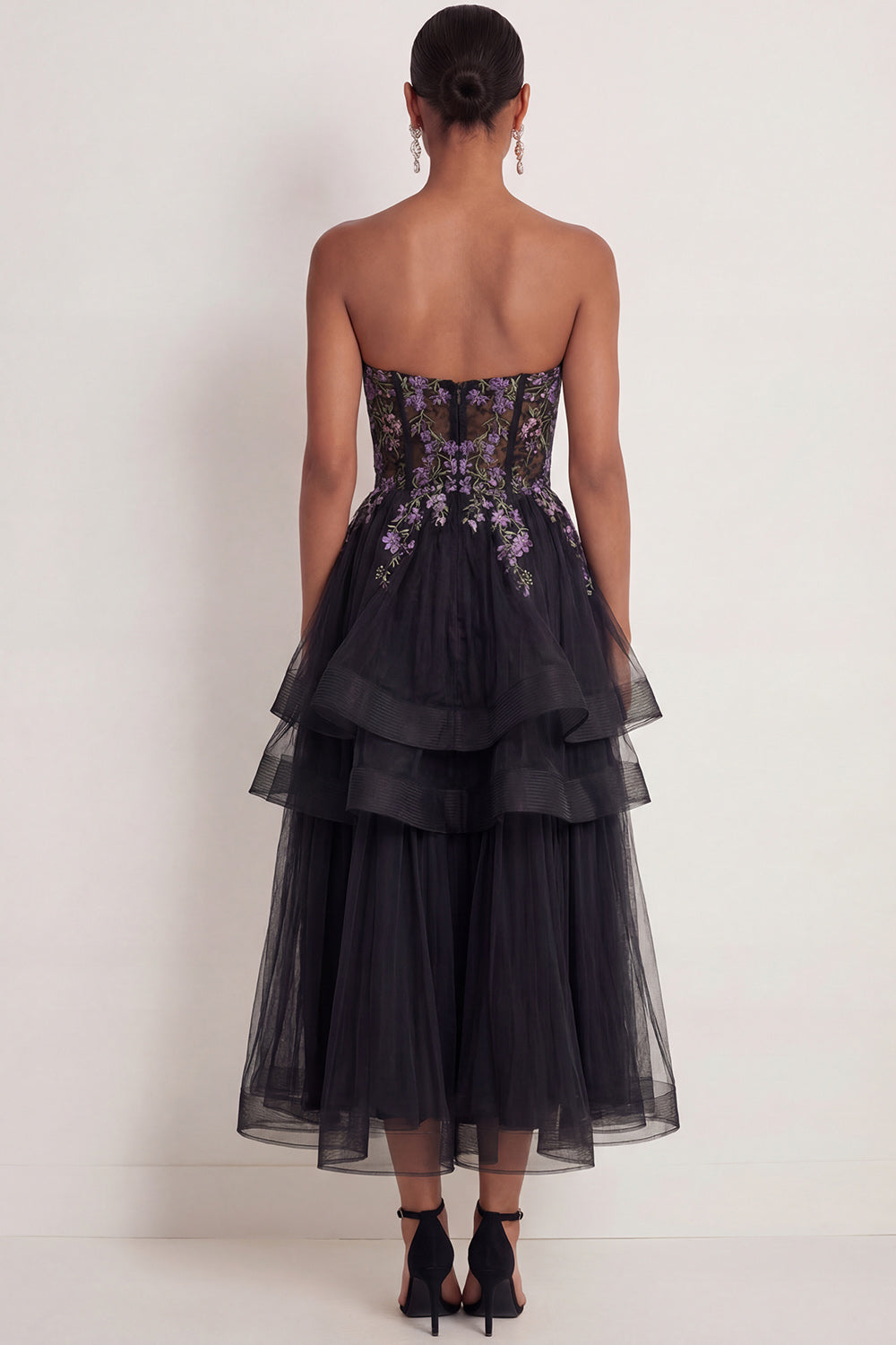 Black Floral Corset Ruffled Appliqued Long Wedding Guest Dress