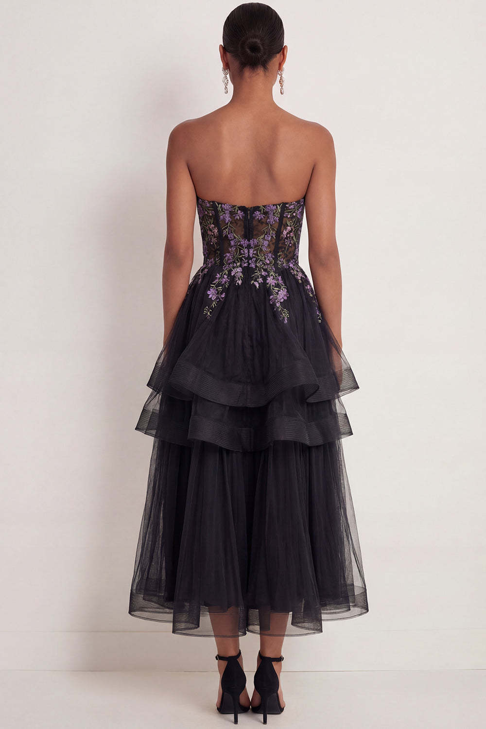 Black Floral Corset Ruffled Appliqued Long Wedding Guest Dress