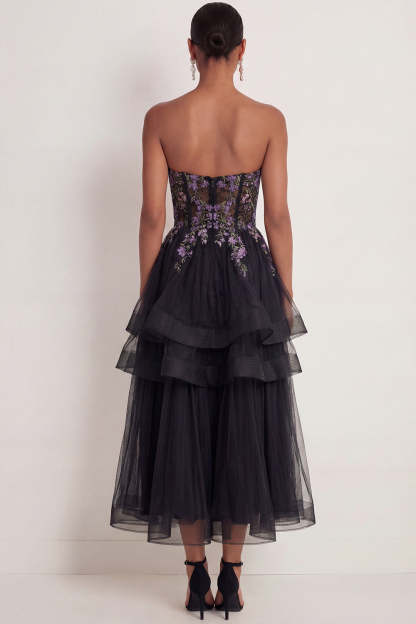 Black Floral Corset Ruffled Appliqued Long Wedding Guest Dress