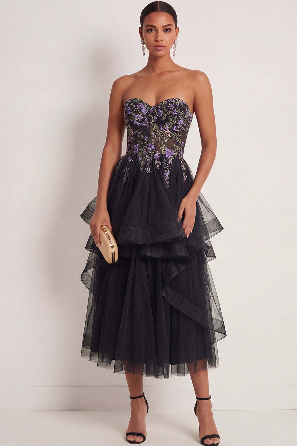 Leely Women Black Floral Corset Ruffled Long Wedding Guest Dress Appliqued Backless Sweetheart Formal Dress