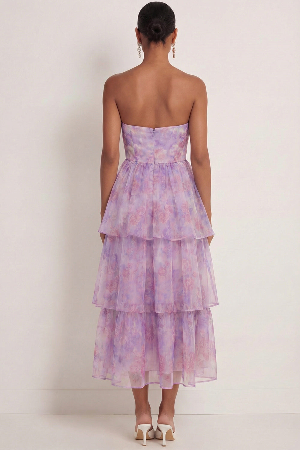 Purple Floral A Line Tiered Long Wedding Guest Dress