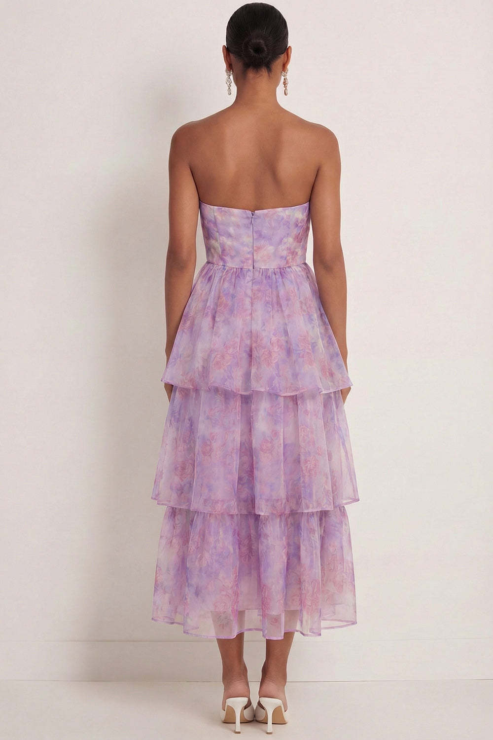 Purple Floral A Line Tiered Long Wedding Guest Dress