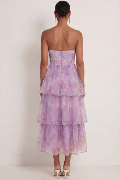 Purple Floral A Line Tiered Long Wedding Guest Dress