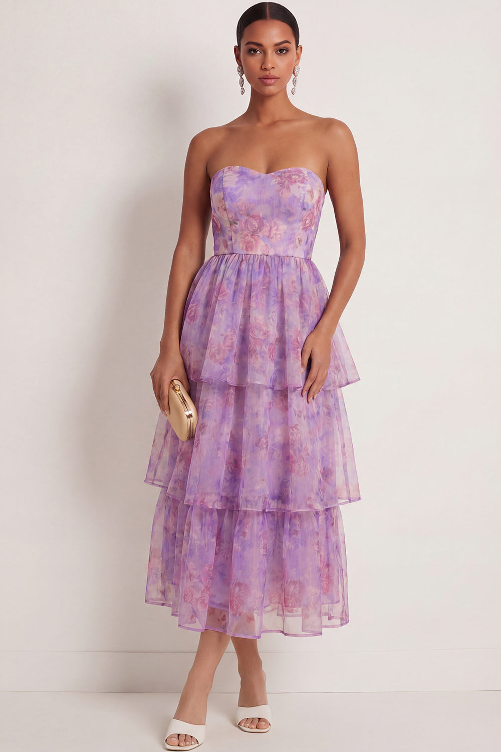 Purple Floral A Line Tiered Long Wedding Guest Dress