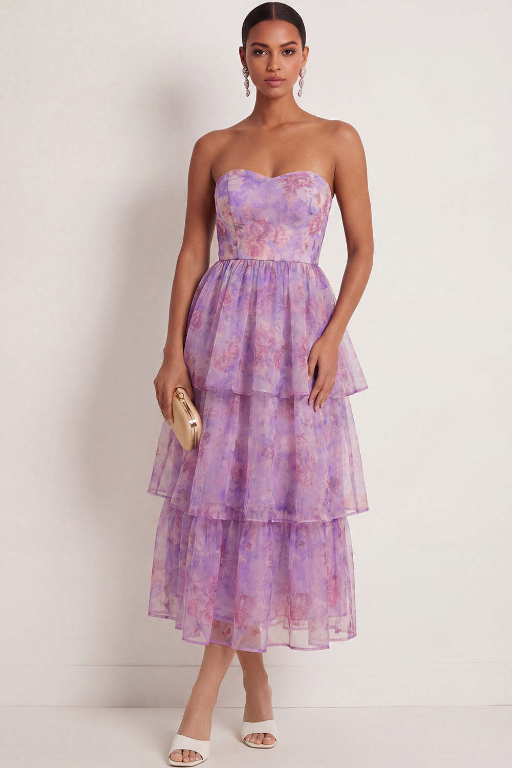 Leely Women Purple Floral A Line Floral Tiered Long Wedding Guest Dress Strapless Backless Sleeveless Formal Dress