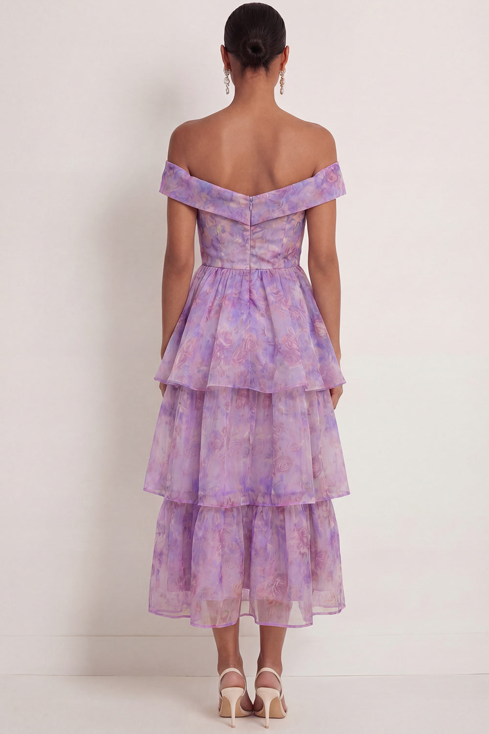 Purple Floral A Line Tiered Ruffled Off the Shoulder Long Wedding Guest Dress