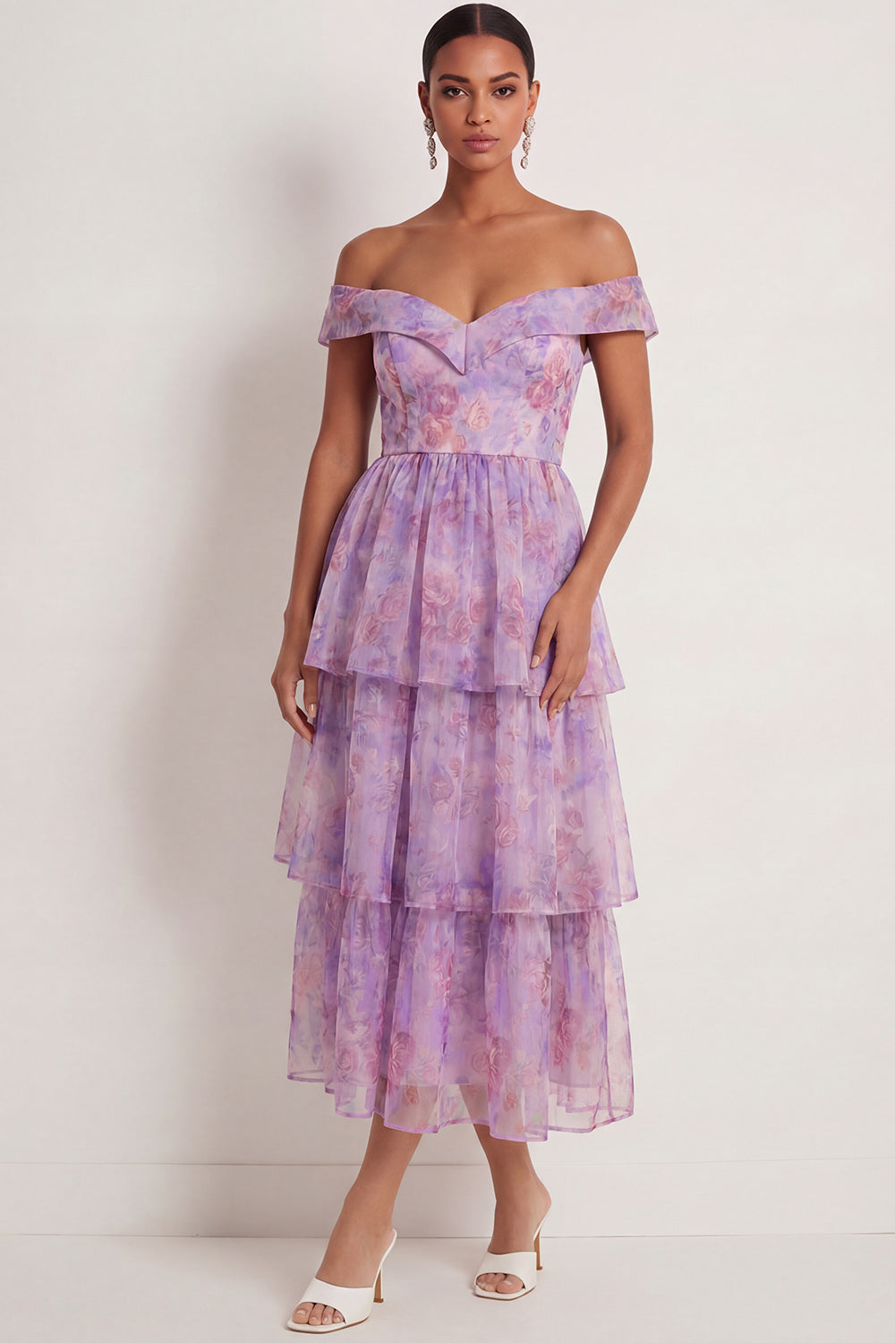 Purple Floral A Line Tiered Ruffled Off the Shoulder Long Wedding Guest Dress