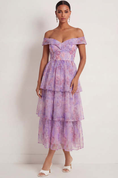Leely Women Purple Floral A Line Tiered Long Wedding Guest Dress Ruffled Off the Shoulder Backless Prom Dress