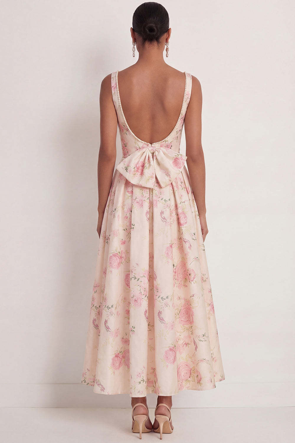 White Pink Floral A Line Thick Straps Long Wedding Guest Dress