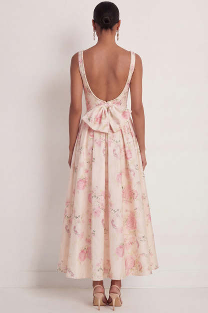 White Pink Floral A Line Thick Straps Long Wedding Guest Dress