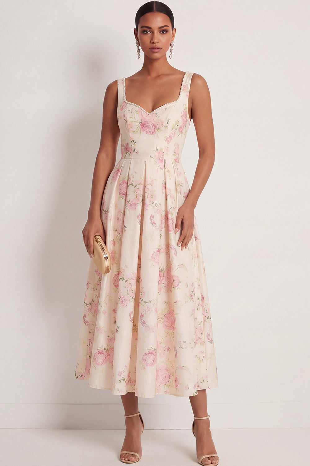 White Pink Floral A Line Thick Straps Long Wedding Guest Dress