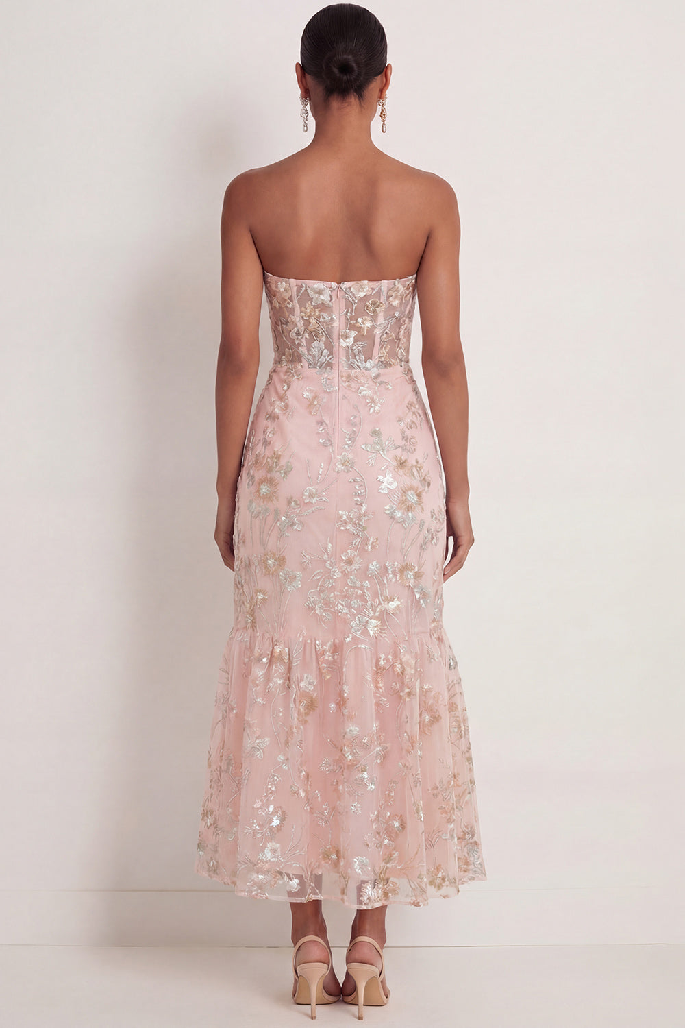 Pink Floral Mermaid Corset Appliqued Maxi Wedding Guest Dress