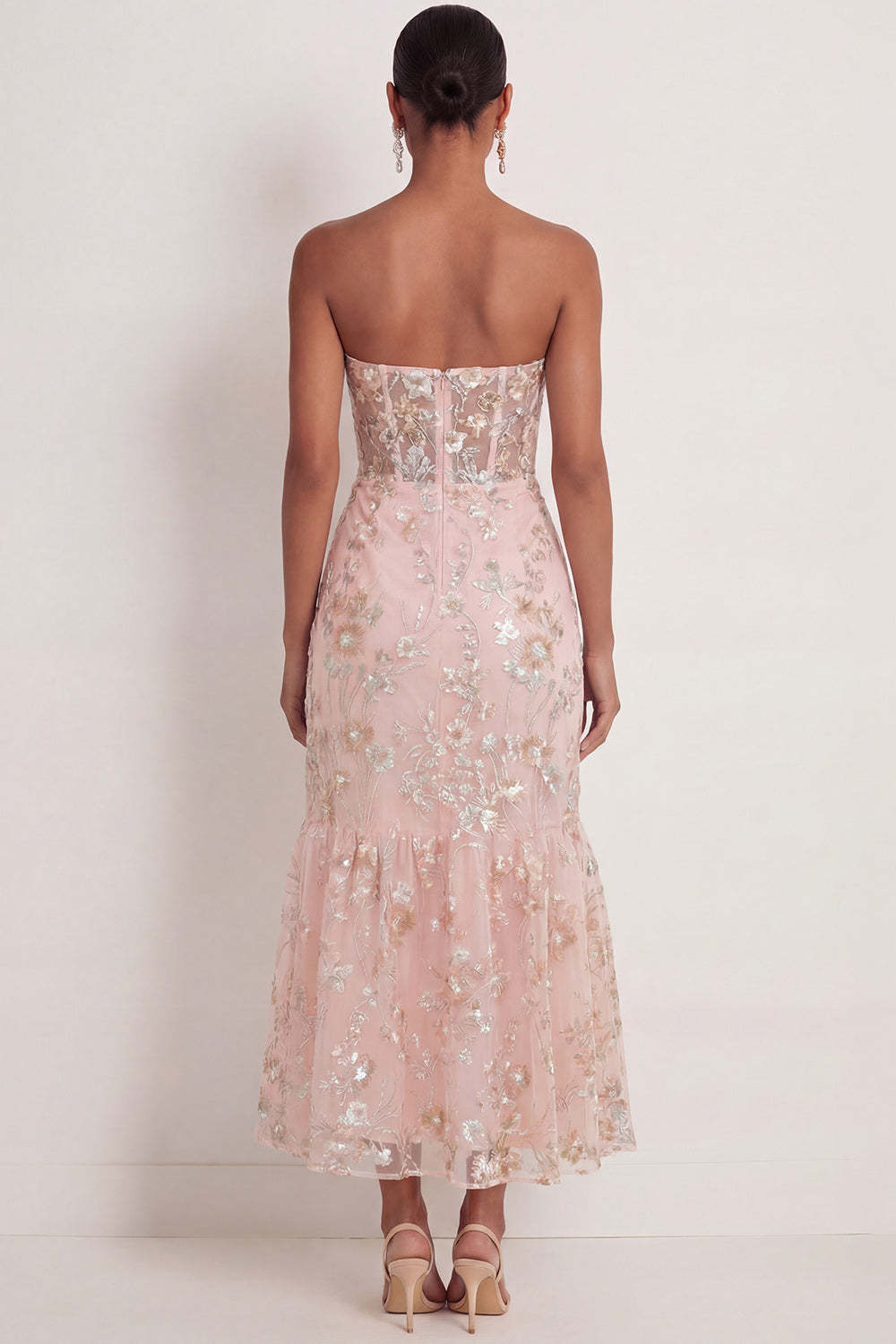 Pink Floral Mermaid Corset Appliqued Maxi Wedding Guest Dress