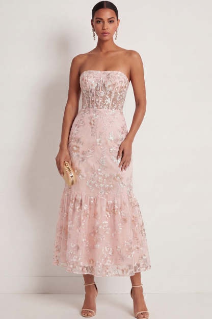 Leely Women Pink Floral Mermaid Corset Maxi Wedding Guest Dress Appliqued Backless Sleeveless Formal Dress