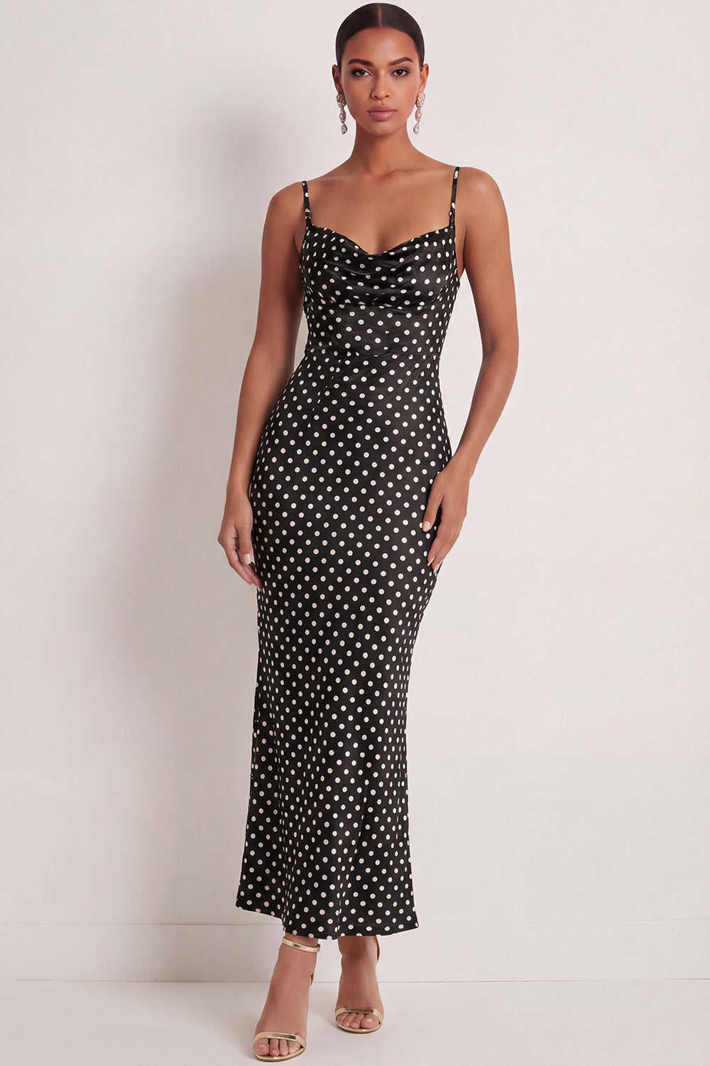 Leely Women Black White Dots Mermaid Long Wedding Guest Dress Spaghetti Straps Backless Sleeveless Formal Dress