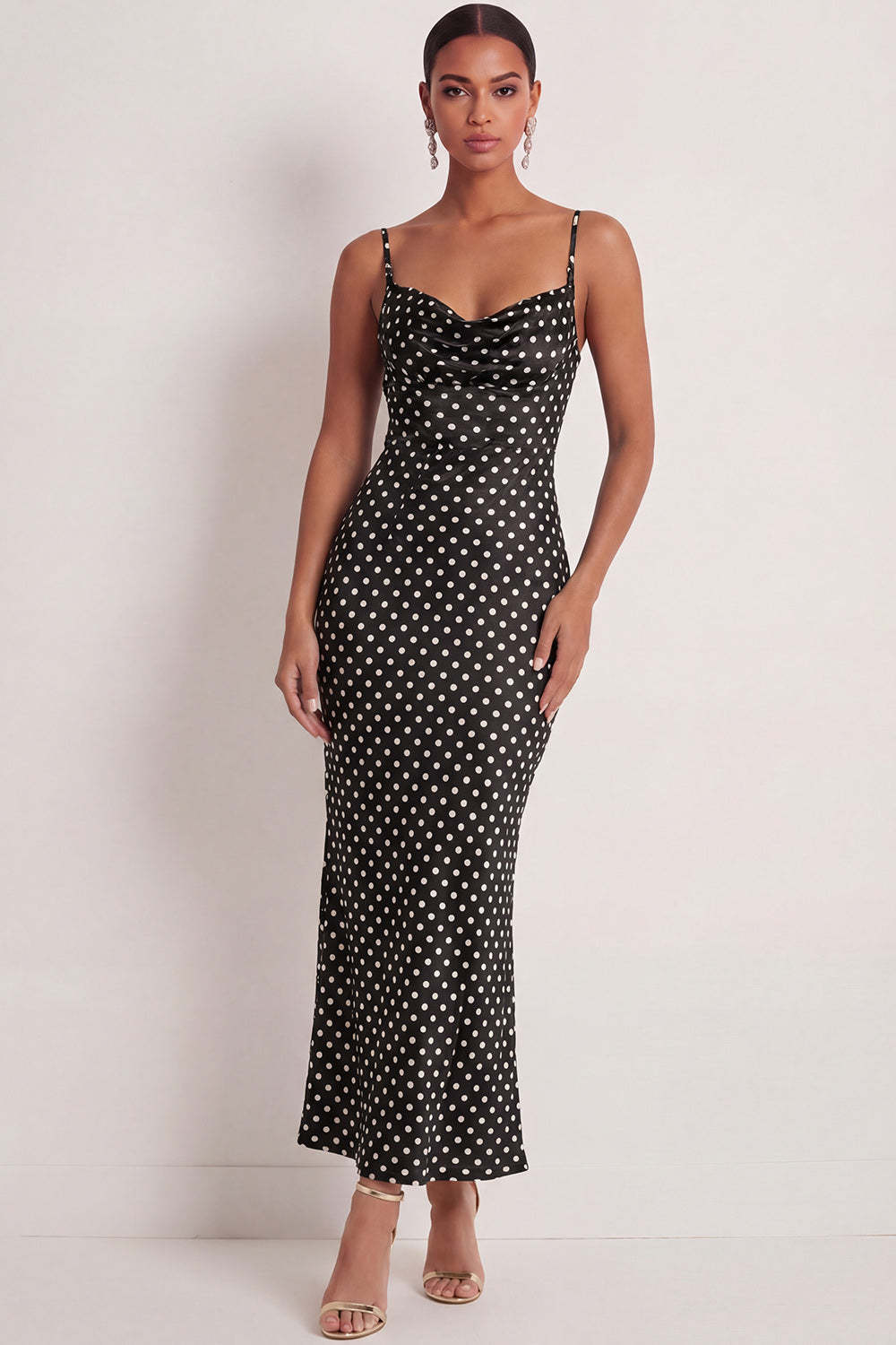Leely Women Black White Dots Mermaid Long Wedding Guest Dress Spaghetti Straps Backless Sleeveless Formal Dress
