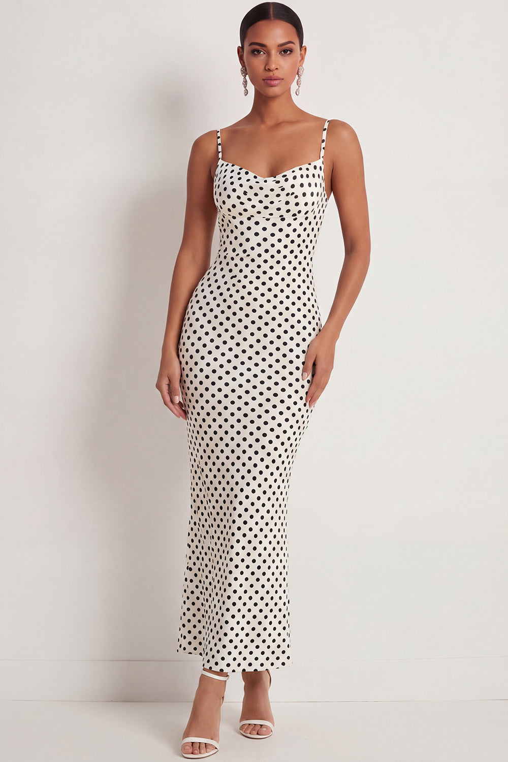 Black White Dots Spaghetti Straps Mermaid Long Wedding Guest Dress