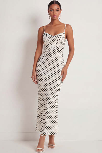 Black White Dots Spaghetti Straps Mermaid Long Wedding Guest Dress