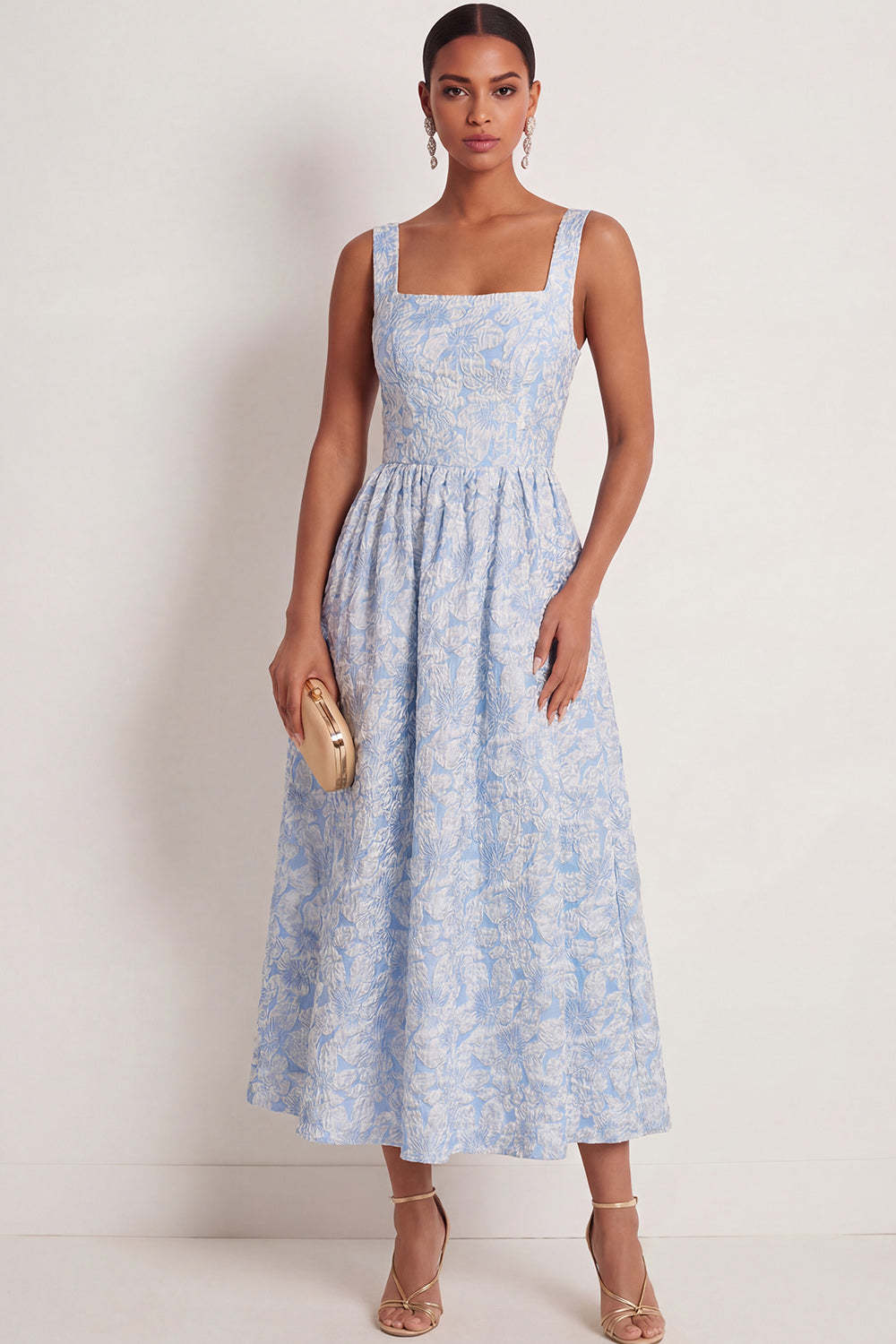 Leely Women Blue Jacquard A Line Floral Long Wedding Guest Dress Backless Sleeveless Thick Straps Formal Dress