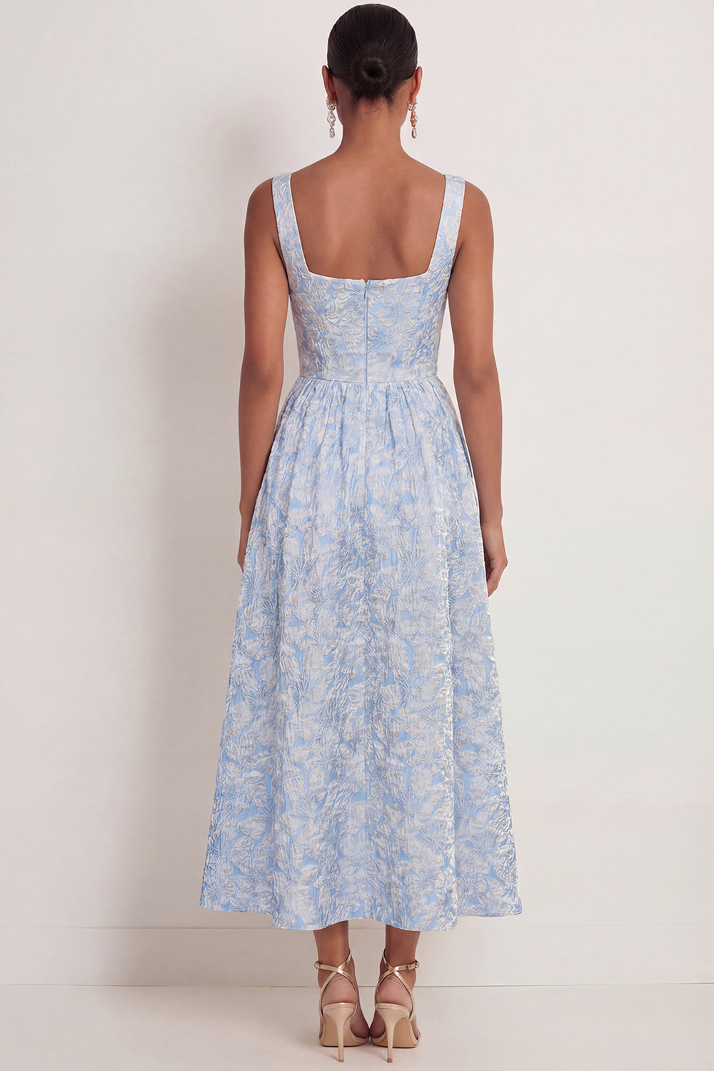 Blue Jacquard A Line Thick Straps Floral Long Wedding Guest Dress
