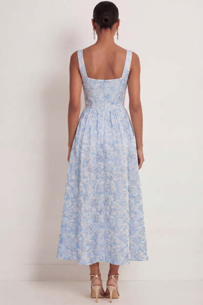 Blue Jacquard A Line Thick Straps Floral Long Wedding Guest Dress