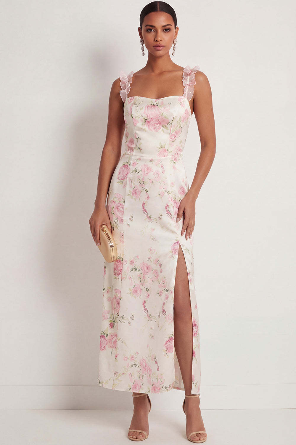 Leely Women White Pink Floral Maxi Wedding Guest Dress with Slit Mermaid Spaghetti Straps Backless Formal Dress