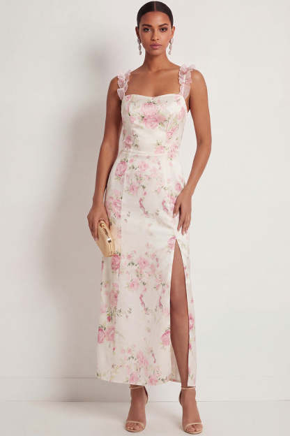 Leely Women White Pink Floral Maxi Wedding Guest Dress with Slit Mermaid Spaghetti Straps Backless Formal Dress