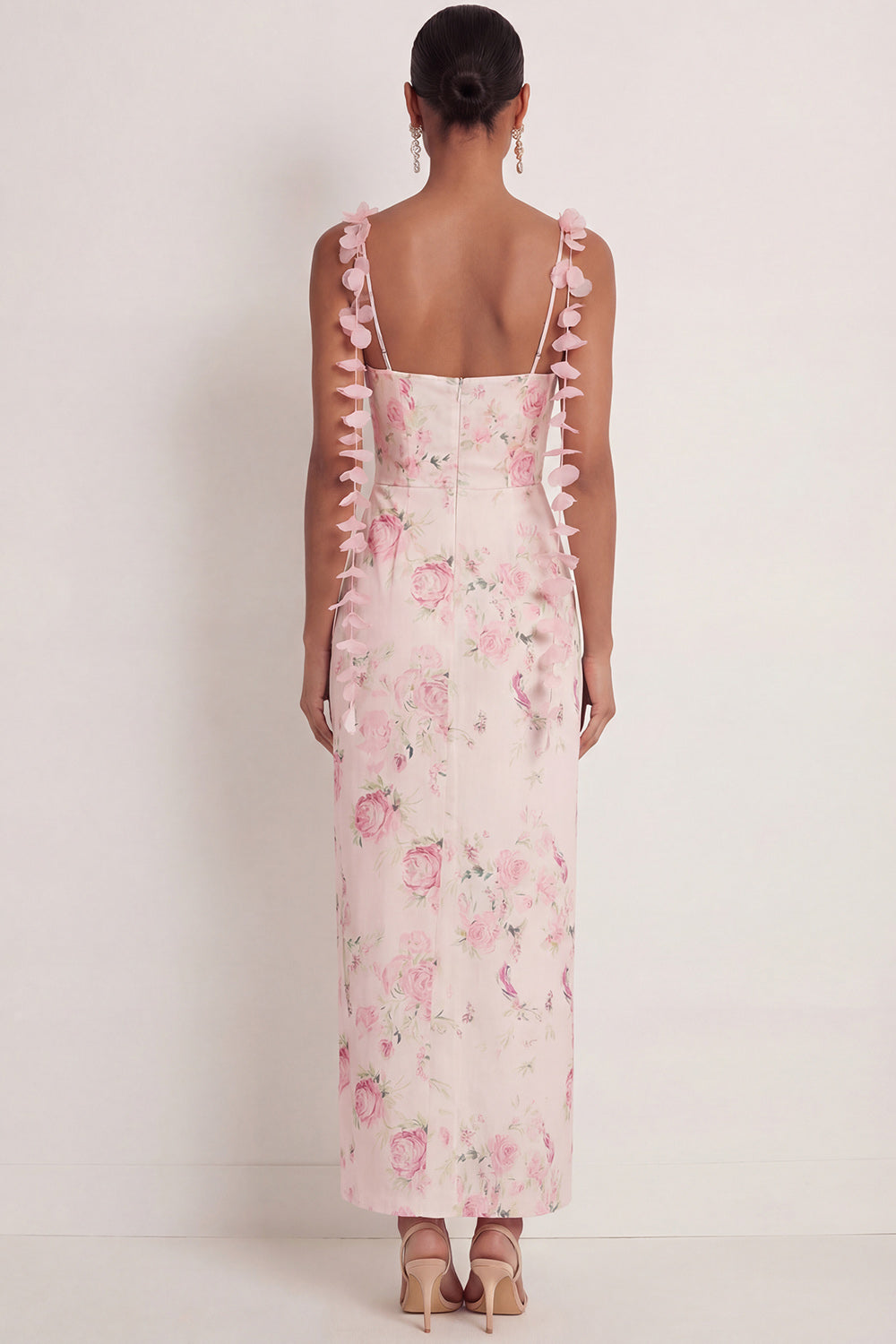 White Pink Floral Mermaid Maxi Wedding Guest Dress with Slit